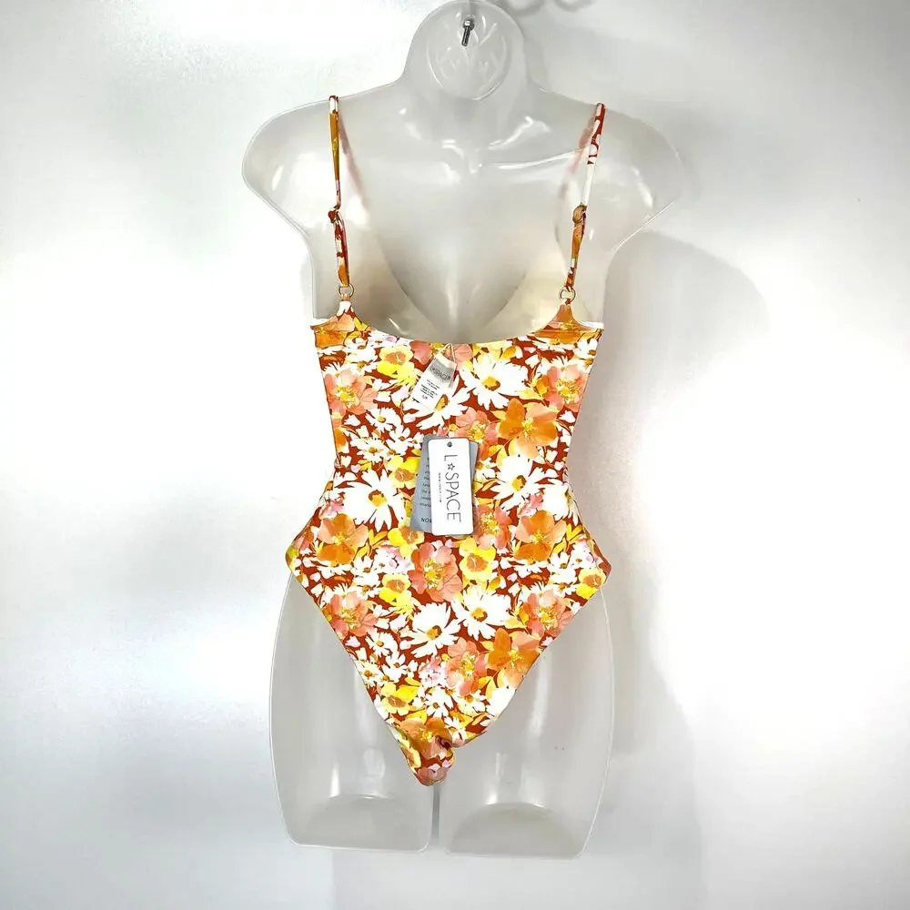 L SPACE Topanga Classic Floral One-Piece Swimsuit Brown Yellow